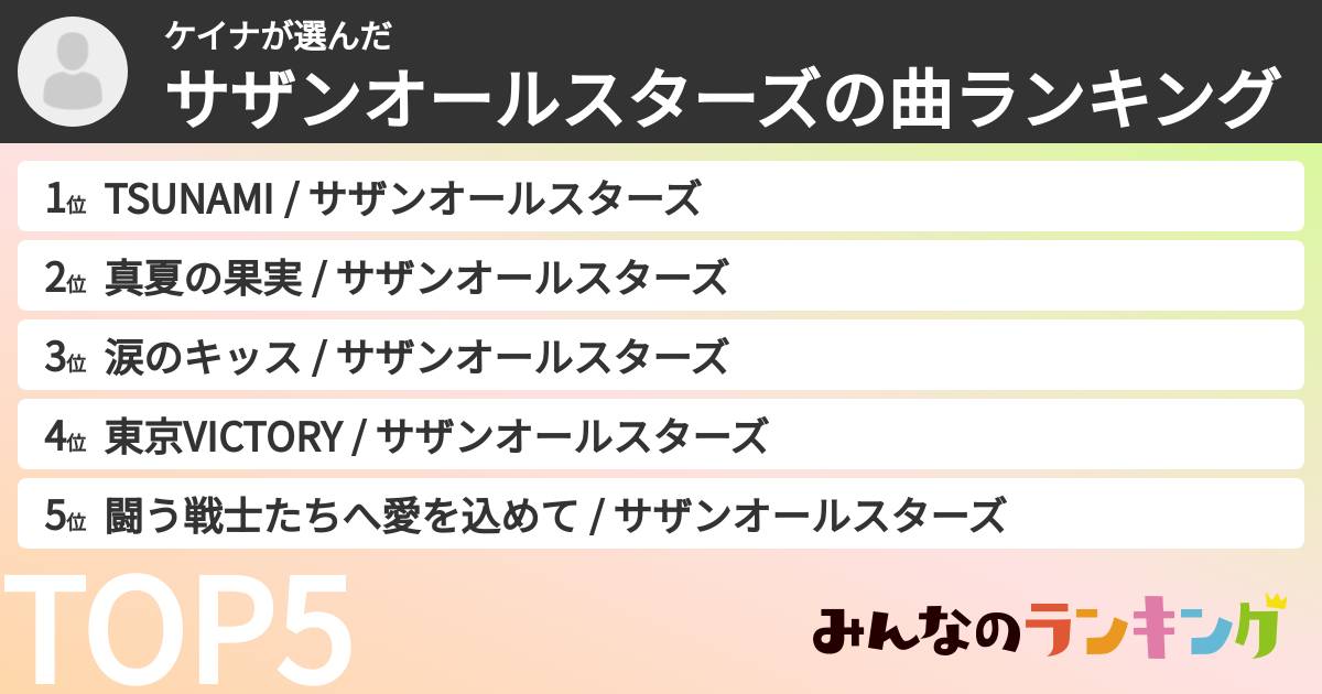 ケイナさんの「サザンオールスターズの曲ランキング」