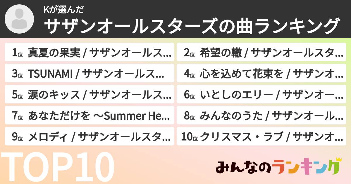 Kさんの「サザンオールスターズの曲ランキング」