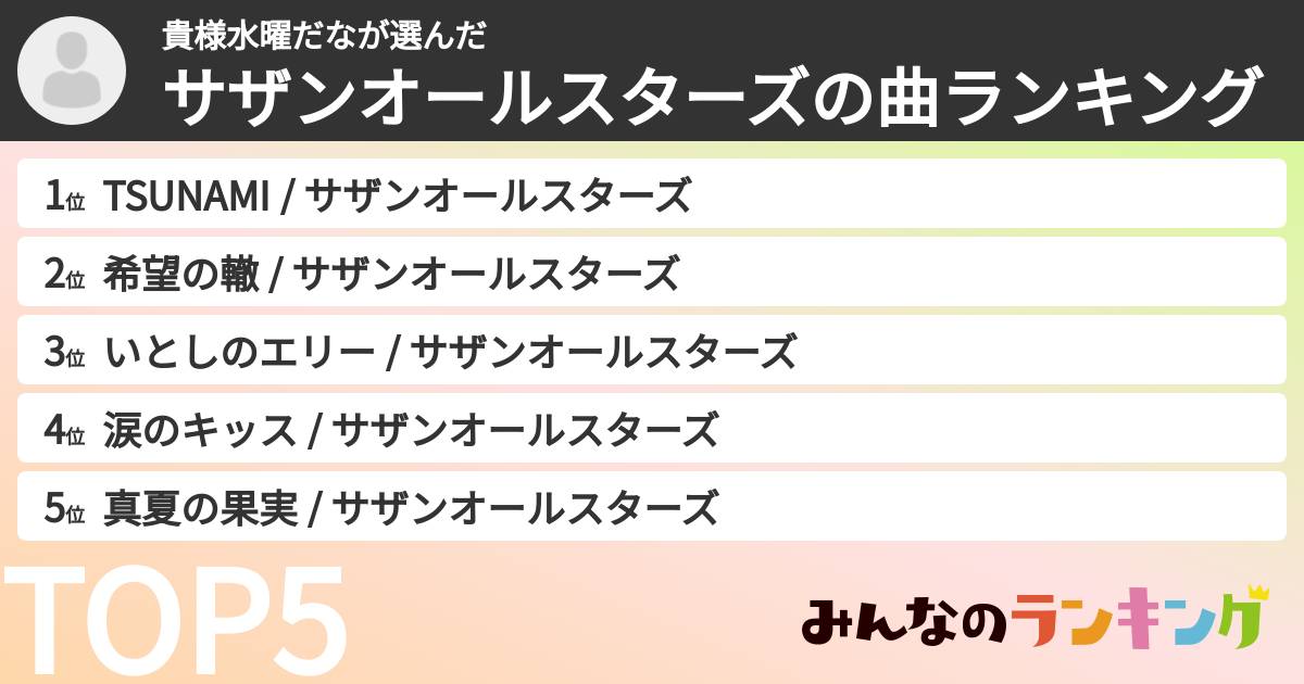 貴様水曜だなさんの「サザンオールスターズの曲ランキング」