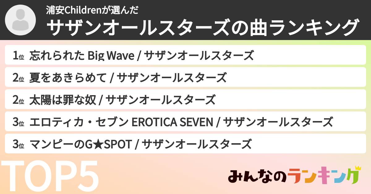 浦安Childrenさんの「サザンオールスターズの曲ランキング」