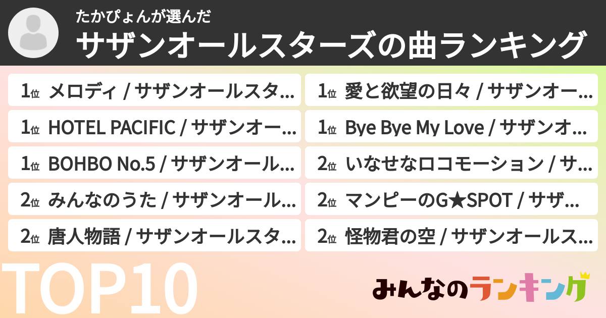 たかぴょんさんの「サザンオールスターズの曲ランキング」