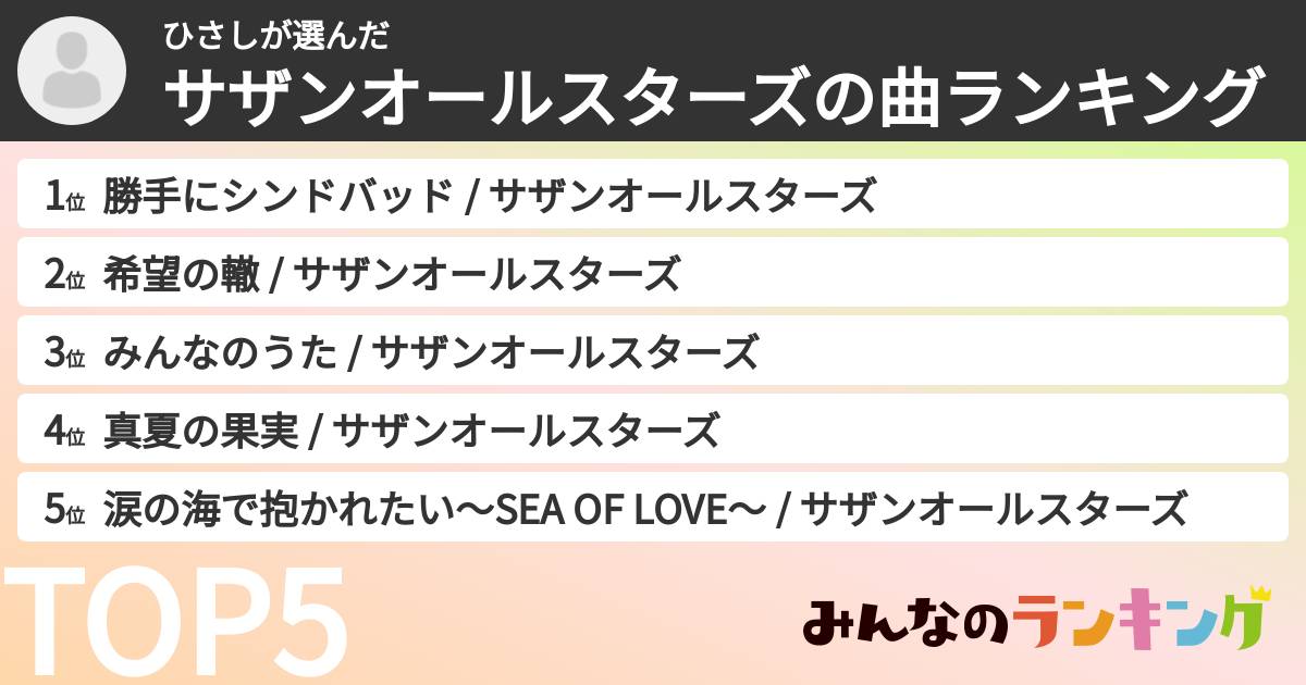 ひさしさんの「サザンオールスターズの曲ランキング」