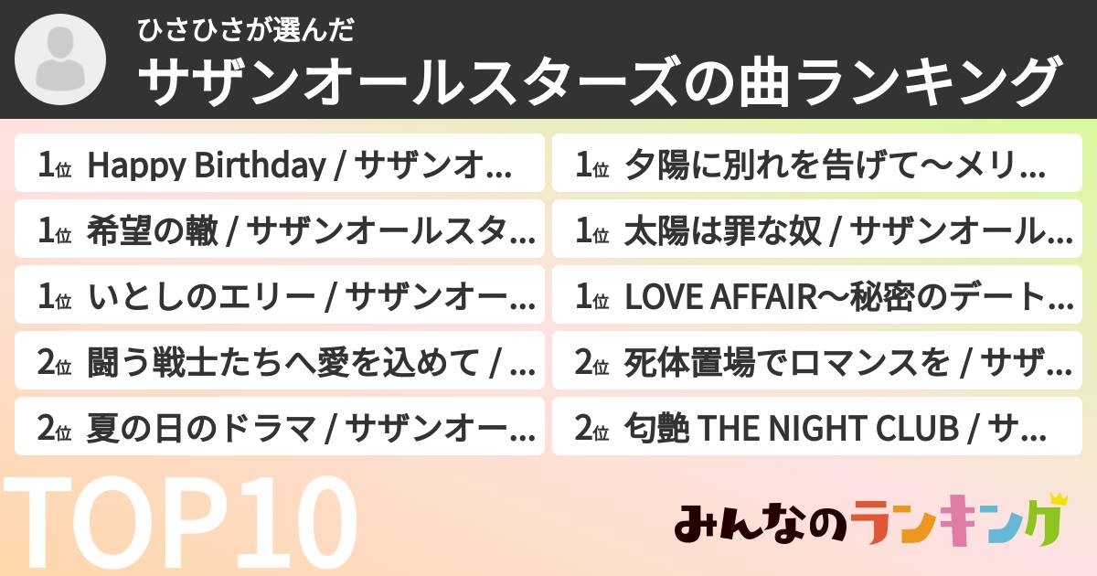 ひさひささんの「サザンオールスターズの曲ランキング」