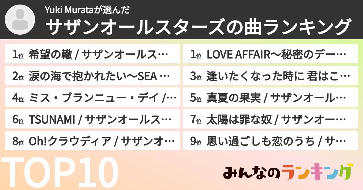 Yuki Murataさんの「サザンオールスターズの曲ランキング」