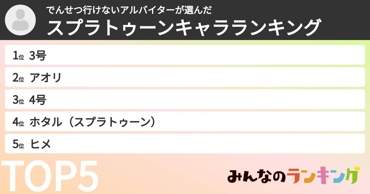 でんせつ行けないアルバイターさんの「スプラトゥーンキャラランキング」