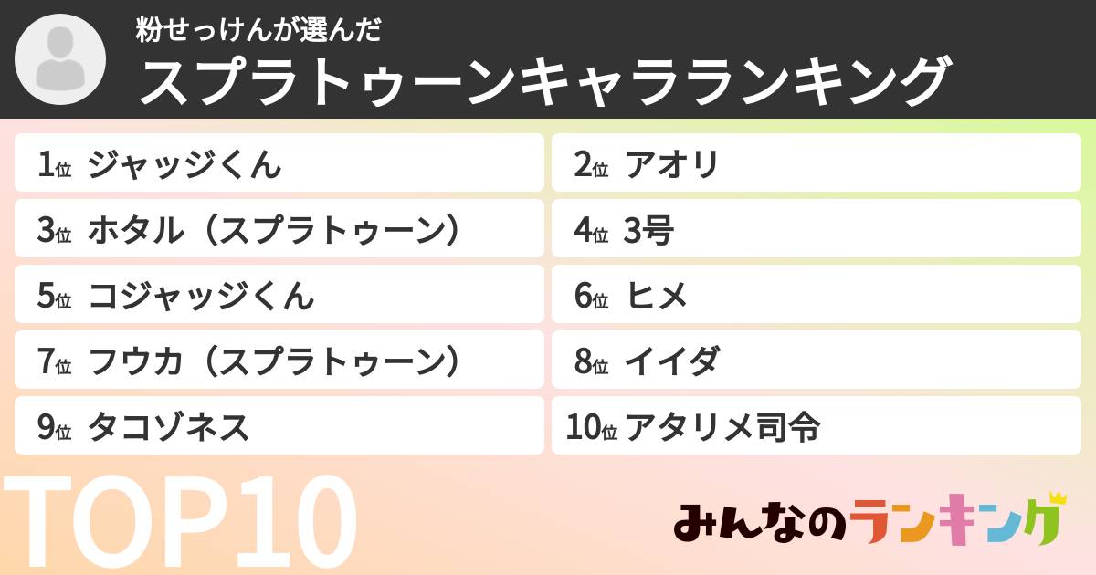 粉せっけんさんの「スプラトゥーンキャラランキング」