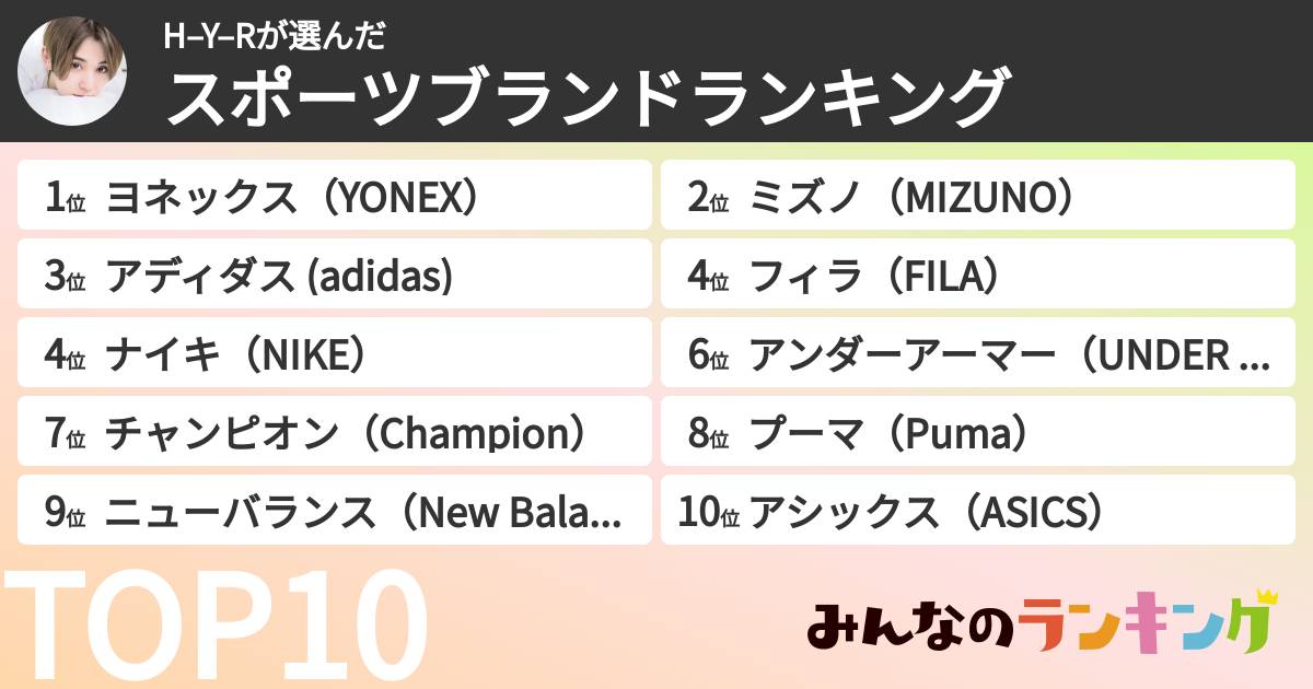H–Y–Rさんの「スポーツブランドランキング」