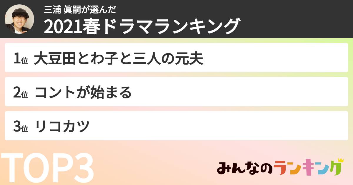 三浦 眞嗣さんの「2021春ドラマランキング」
