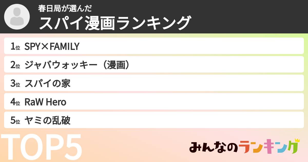 春日局さんの「スパイ漫画ランキング」