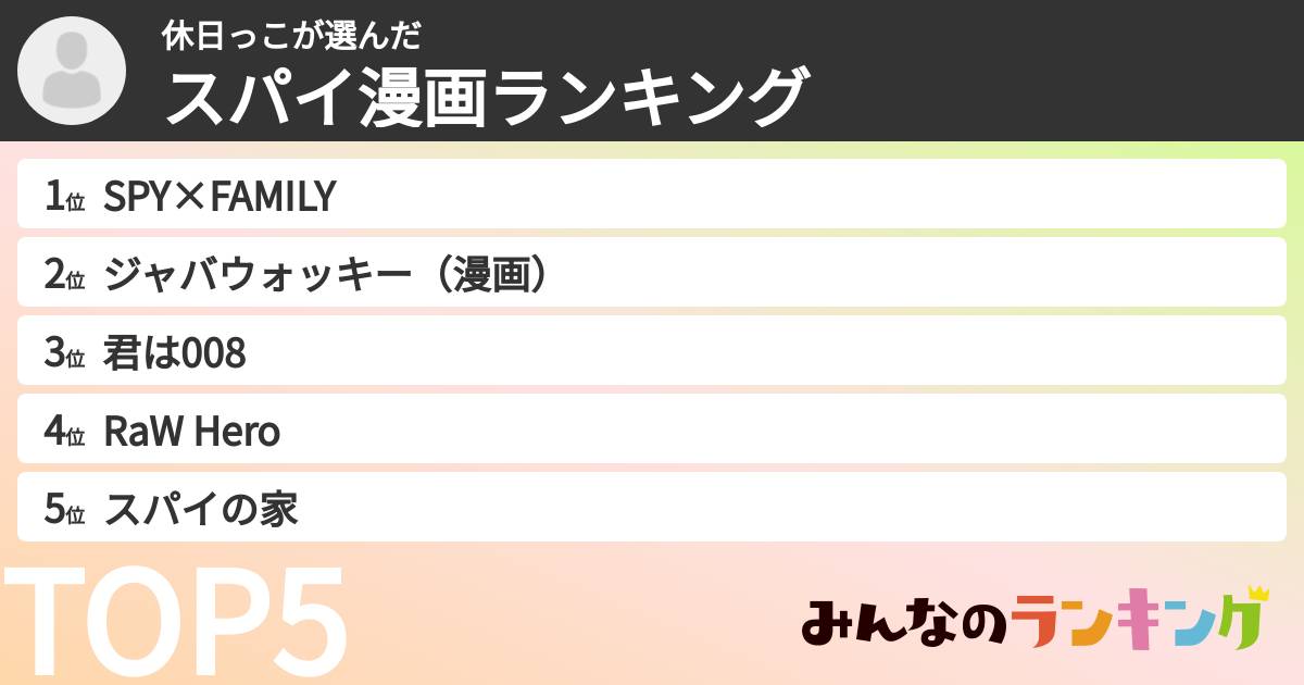休日っこさんの「スパイ漫画ランキング」