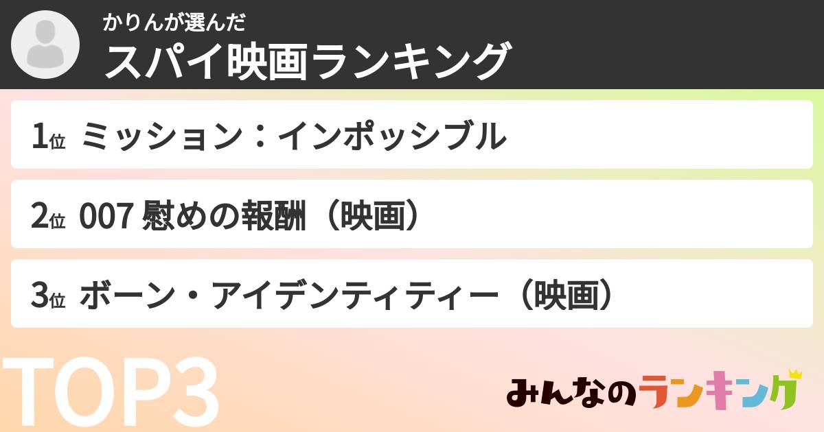 かりんさんの「スパイ映画ランキング」