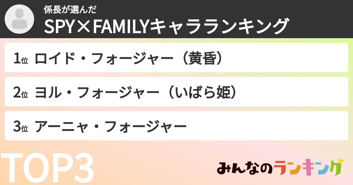 係長さんの「SPY×FAMILYキャラランキング」