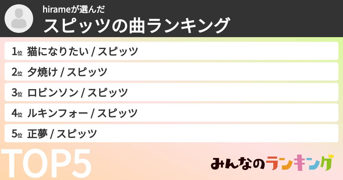 hirameさんの「スピッツの曲ランキング」