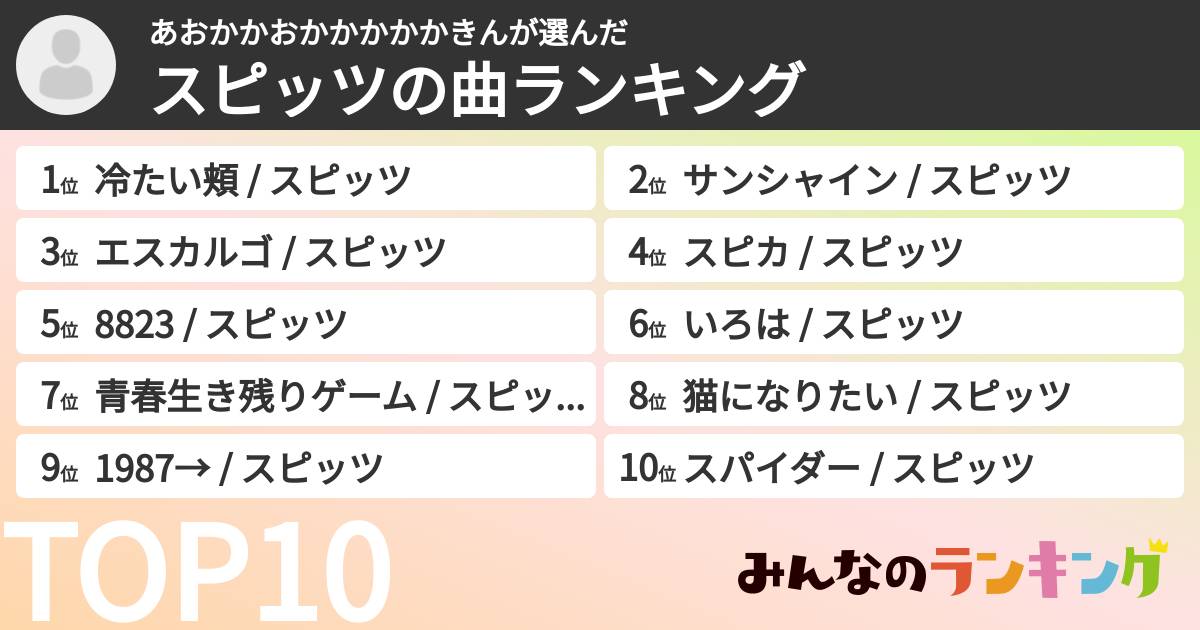 あおかかおかかかかかきんさんの「スピッツの曲ランキング」
