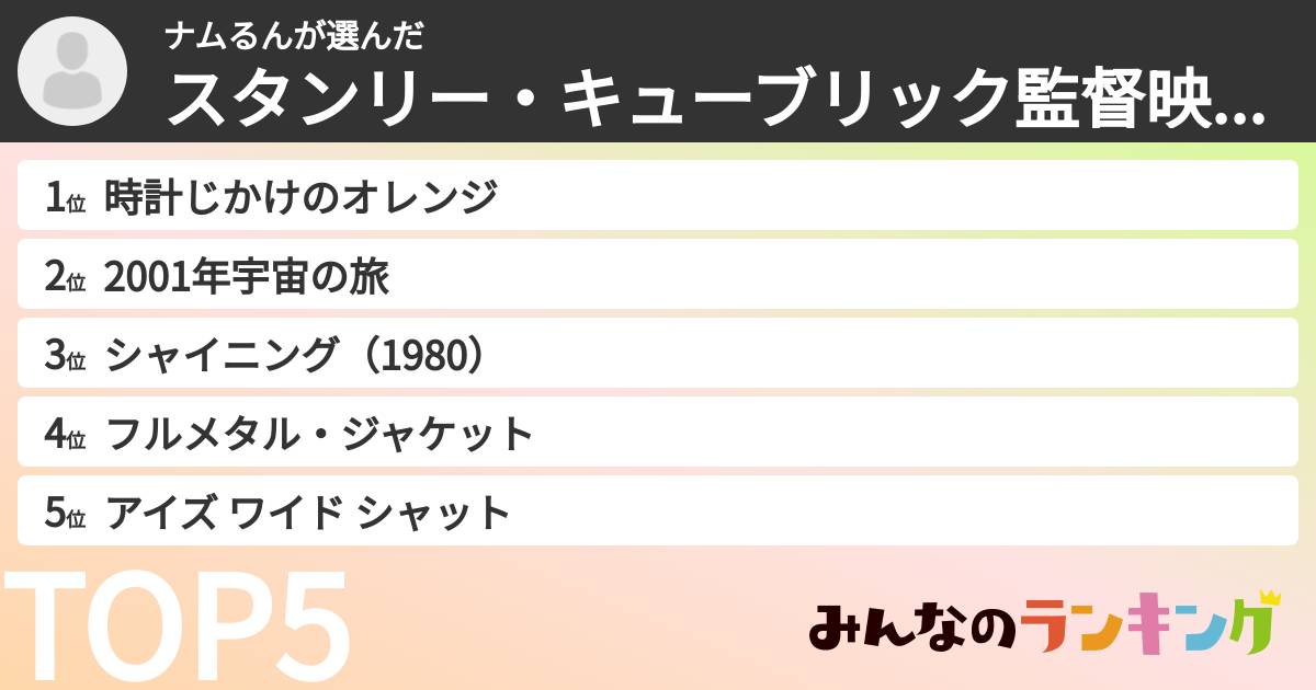 ナムるんさんの「スタンリー・キューブリック監督映画ランキング」