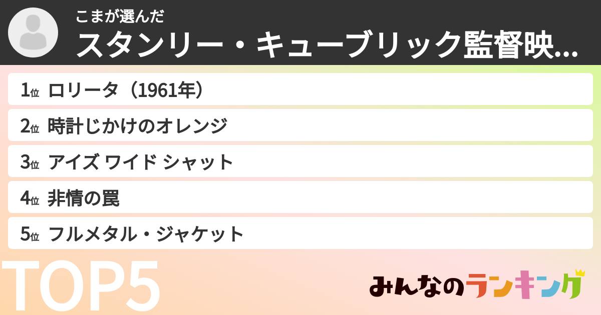 こまさんの「スタンリー・キューブリック監督映画ランキング」