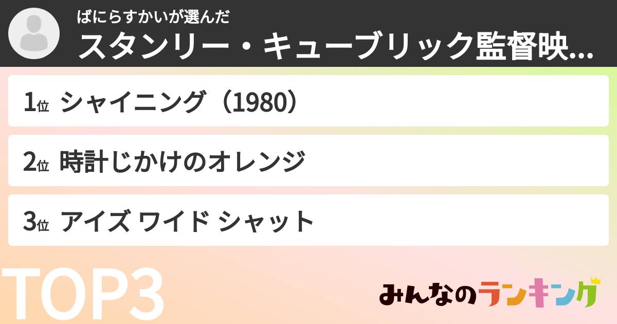 ばにらすかいさんの「スタンリー・キューブリック監督映画ランキング」
