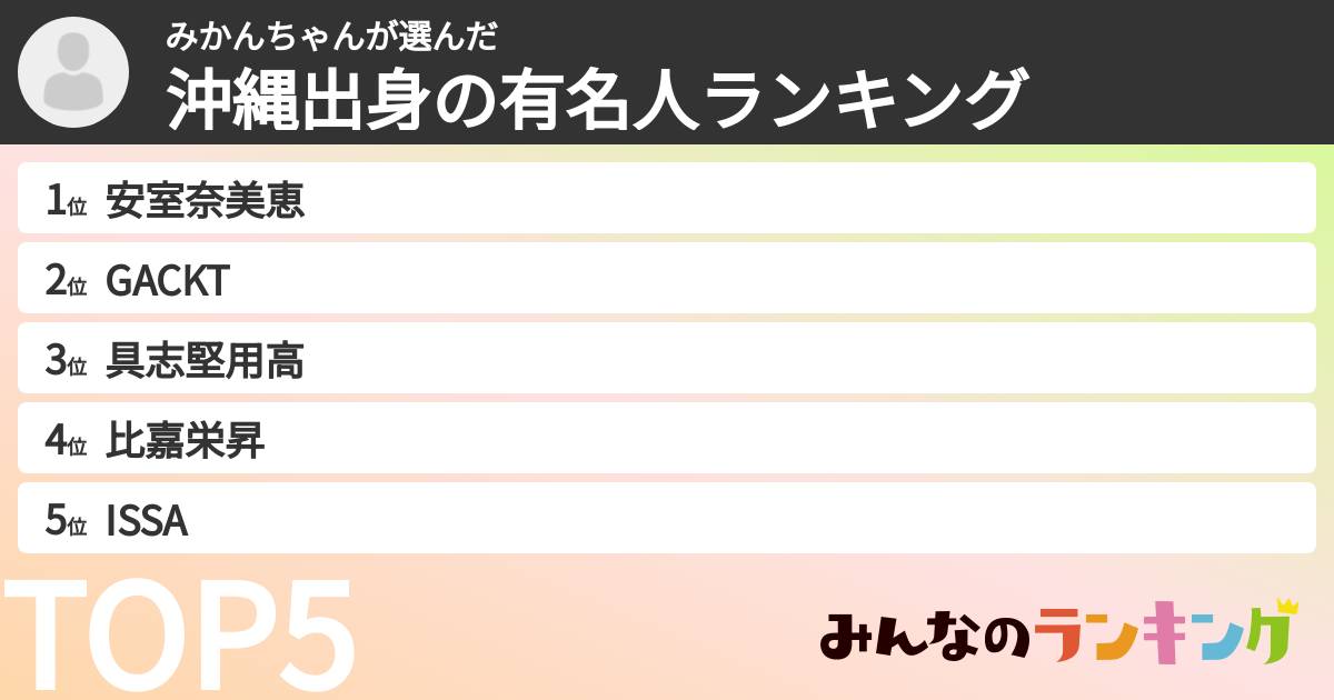 みかんちゃんさんの「沖縄出身の有名人ランキング」