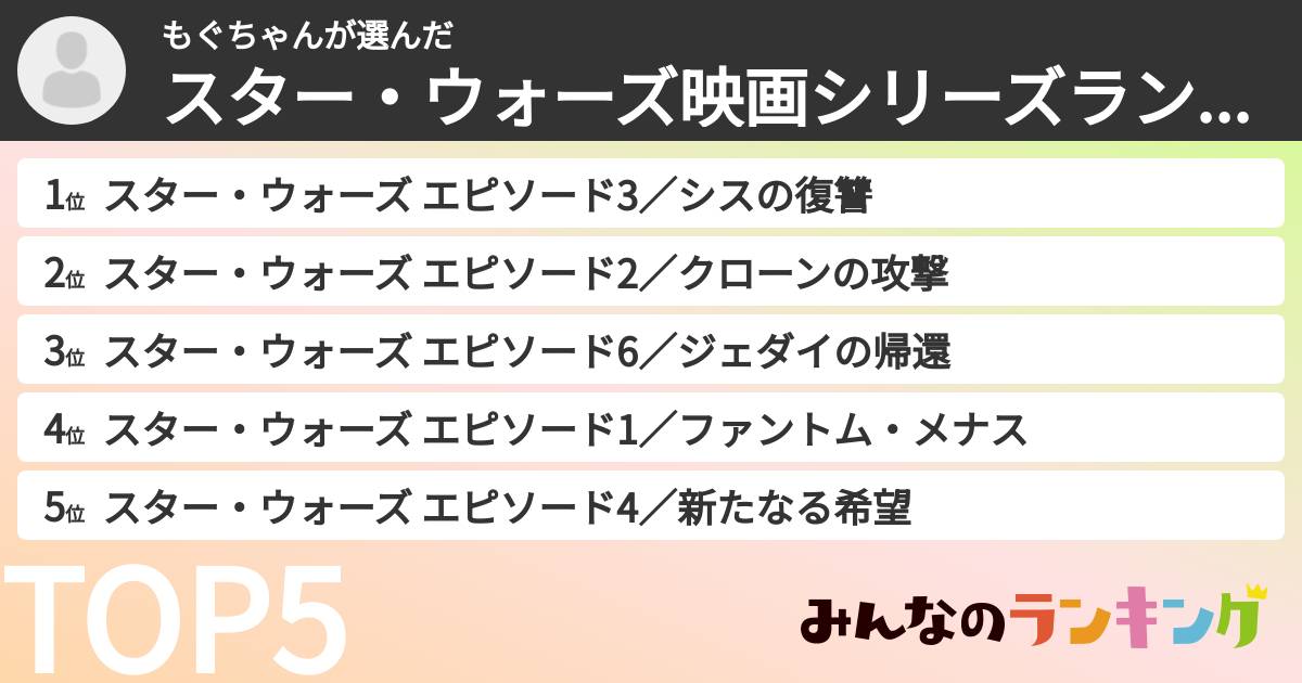 もぐちゃんさんの「スター・ウォーズ映画シリーズランキング」