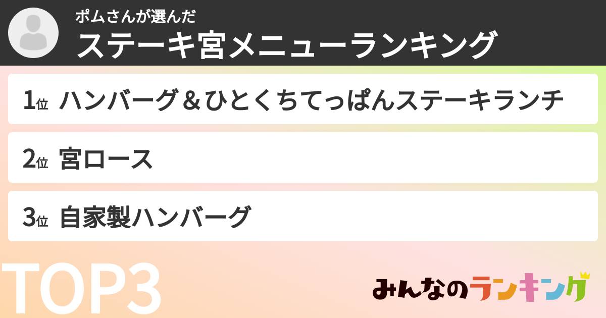 ポムさんさんの「ステーキ宮メニューランキング」