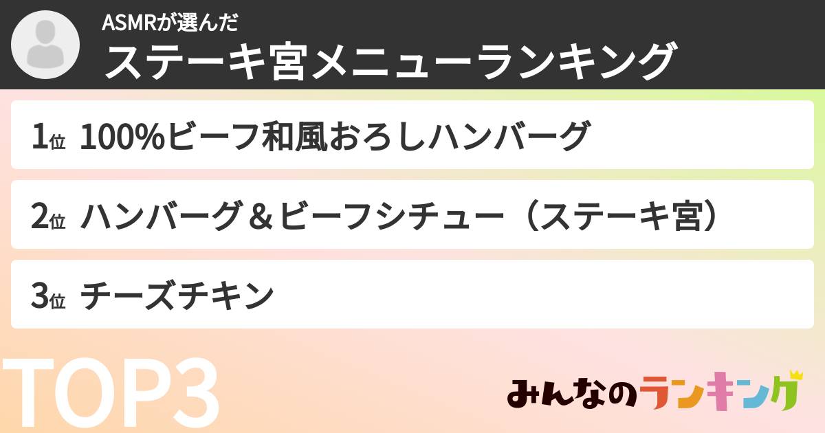 ASMRさんの「ステーキ宮メニューランキング」