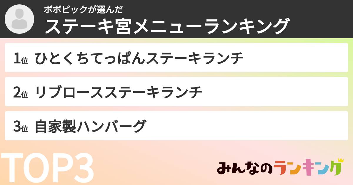 ボボピックさんの「ステーキ宮メニューランキング」