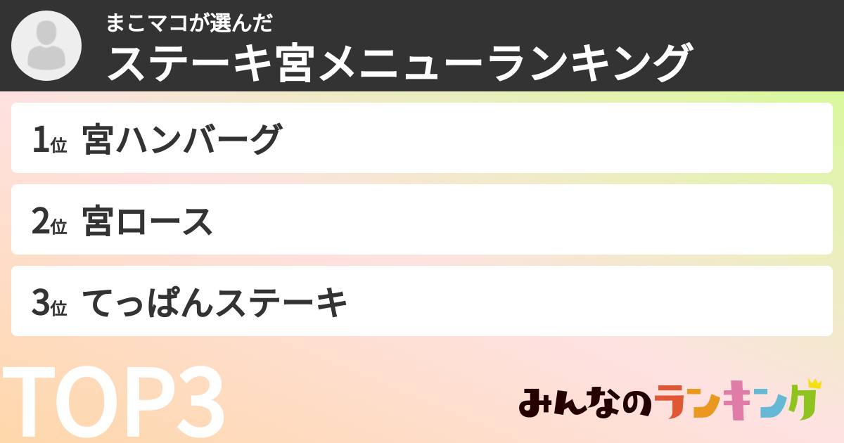 まこマコさんの「ステーキ宮メニューランキング」