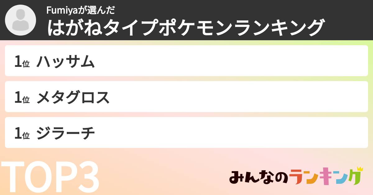 Fumiyaさんの「はがねタイプポケモンランキング」