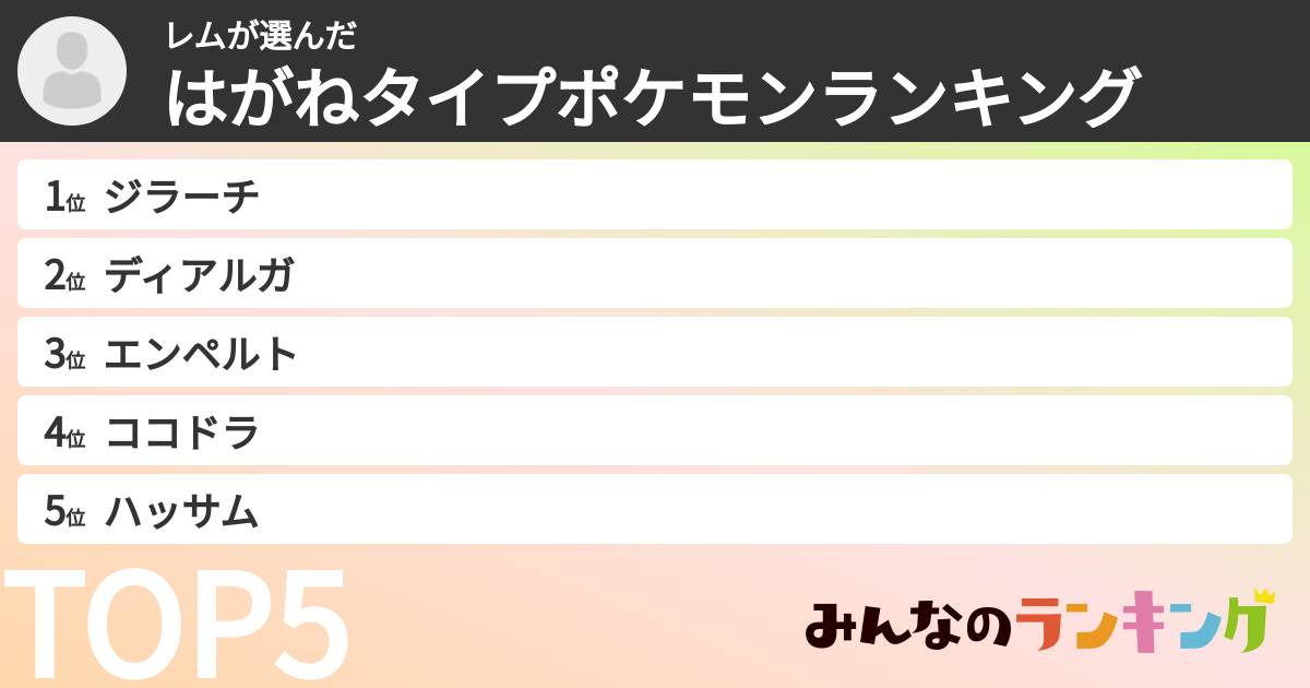 レムさんの「はがねタイプポケモンランキング」