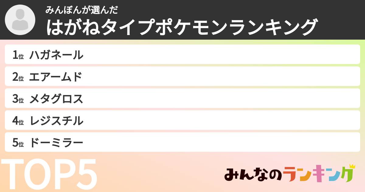 みんぼんさんの「はがねタイプポケモンランキング」