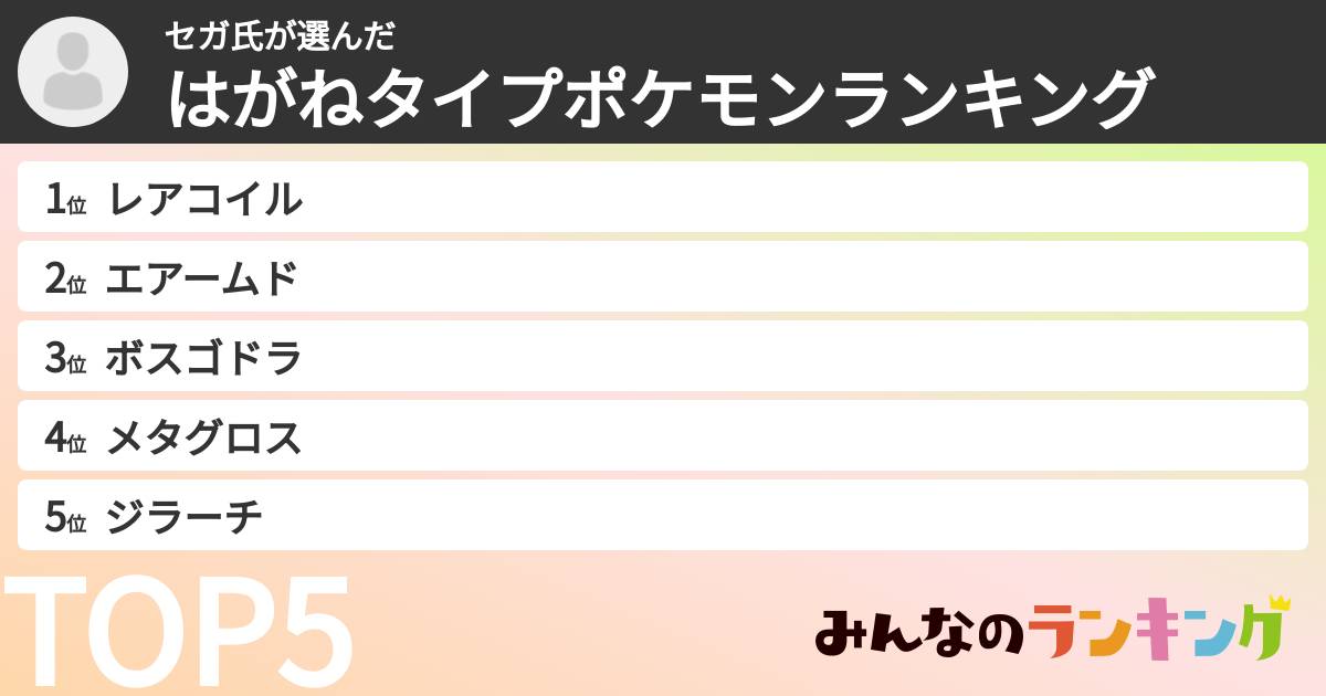 セガ氏さんの「はがねタイプポケモンランキング」