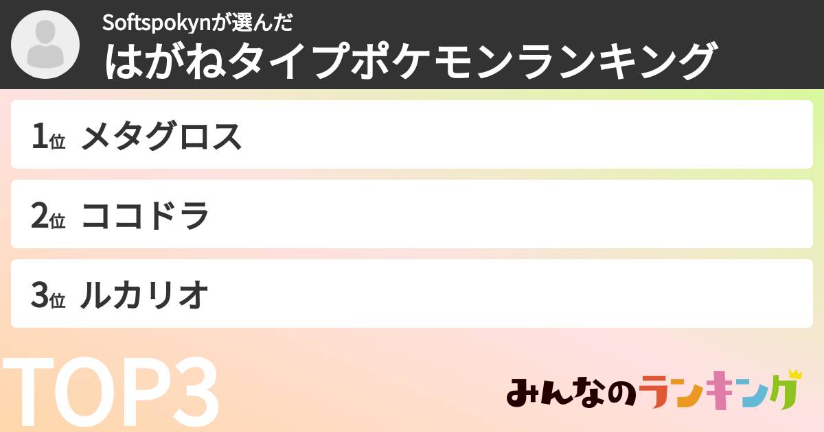 Softspokynさんの「はがねタイプポケモンランキング」