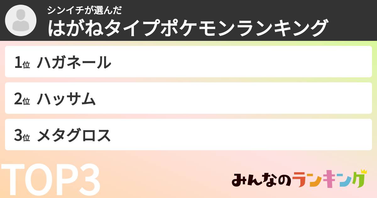 シンイチさんの「はがねタイプポケモンランキング」