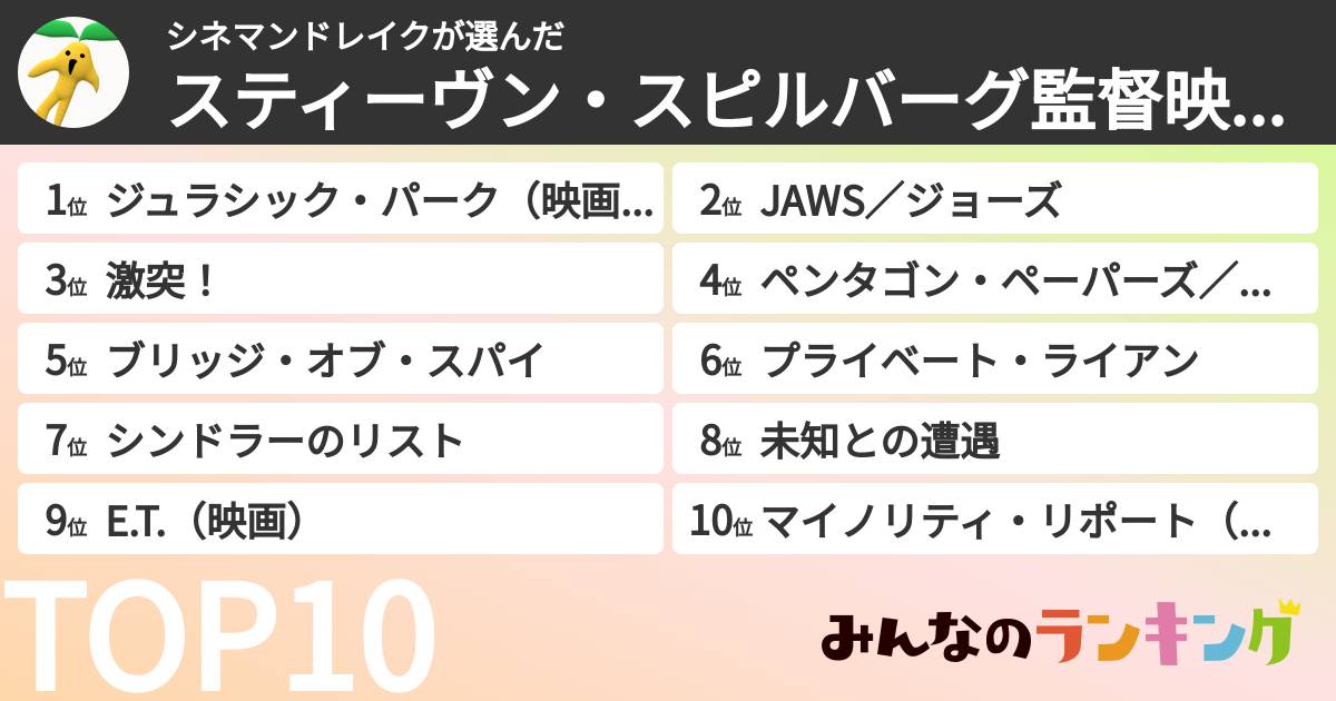 シネマンドレイクさんの「スティーヴン・スピルバーグ監督映画ランキング」
