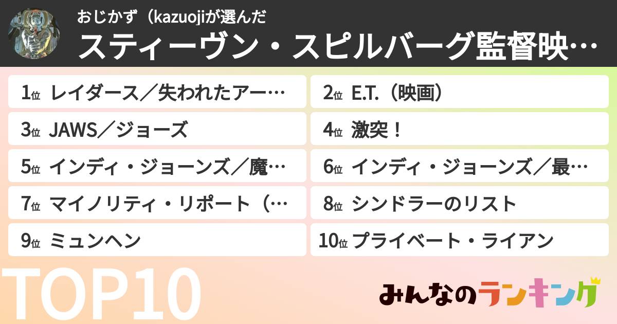 おじかず(kazuojiさんの「スティーヴン・スピルバーグ監督映画ランキング」