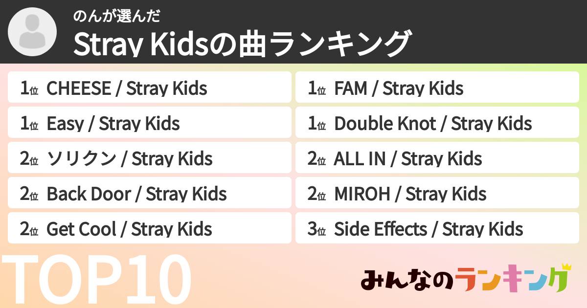 のんさんの「Stray Kidsの曲ランキング」