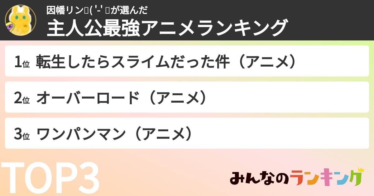 因幡リン🐰( '-' 💛さんの「主人公最強アニメランキング」