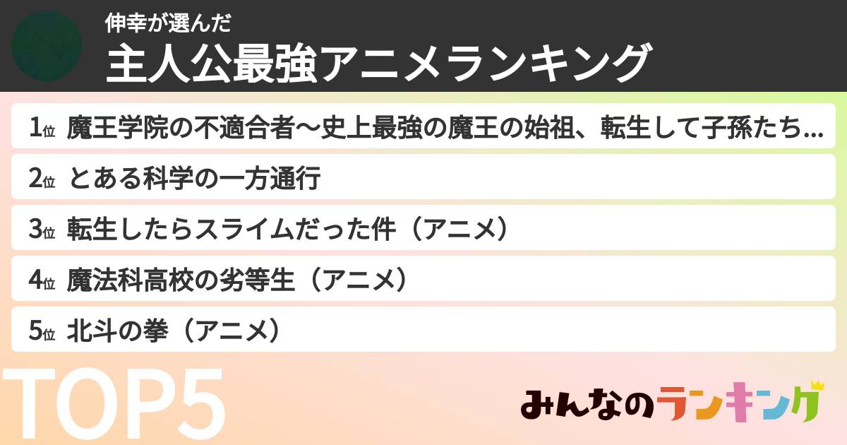 伸幸さんの「主人公最強アニメランキング」
