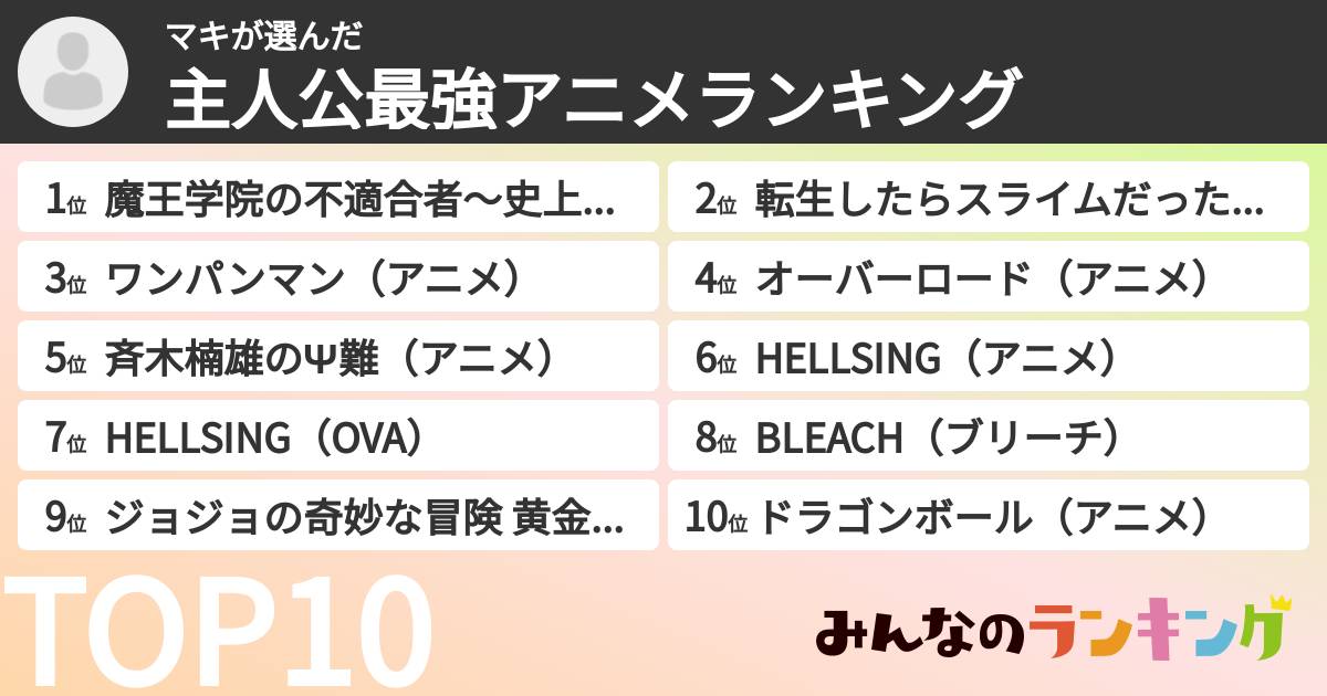 マキさんの「主人公最強アニメランキング」