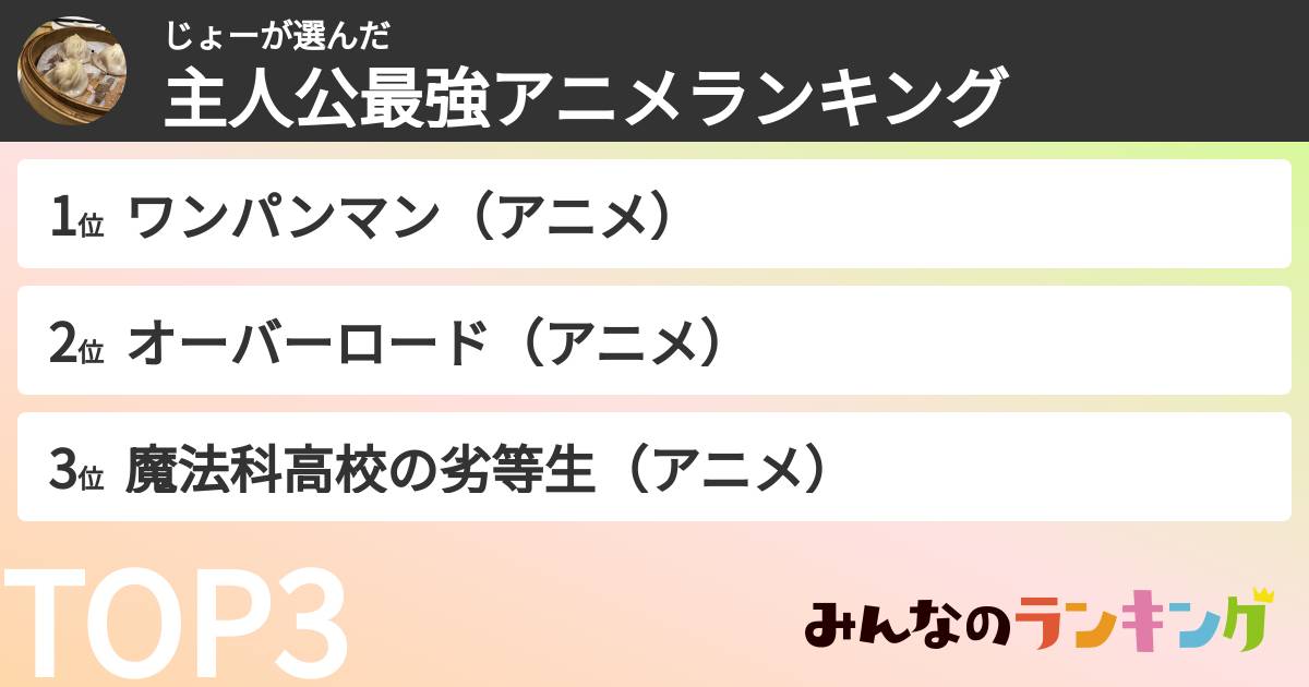 じょーさんの「主人公最強アニメランキング」