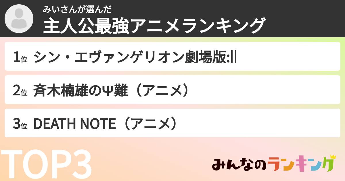 みいさんさんの「主人公最強アニメランキング」