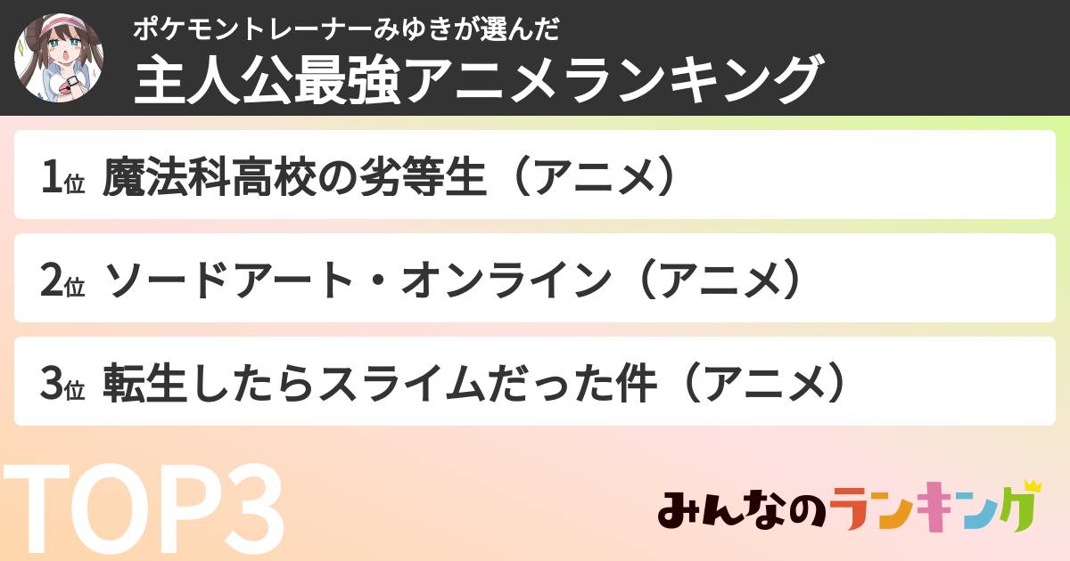 ポケモントレーナーみゆきさんの「主人公最強アニメランキング」