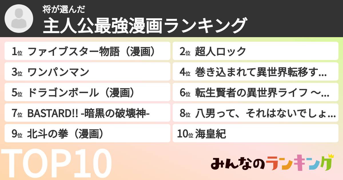 将さんの「主人公最強漫画ランキング」