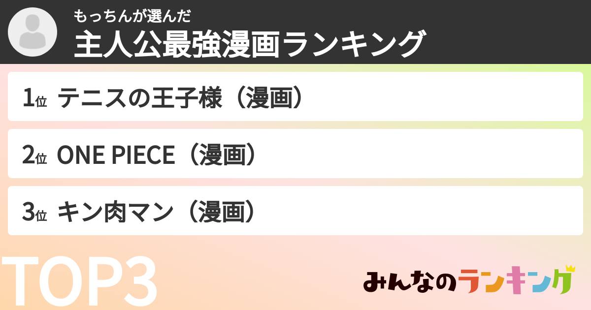 もっちんさんの「主人公最強漫画ランキング」