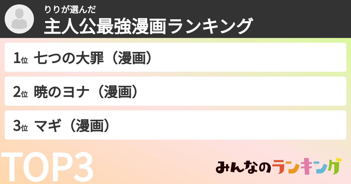 りりさんの「主人公最強漫画ランキング」