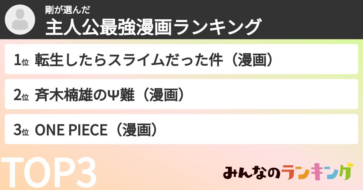 剛さんの「主人公最強漫画ランキング」