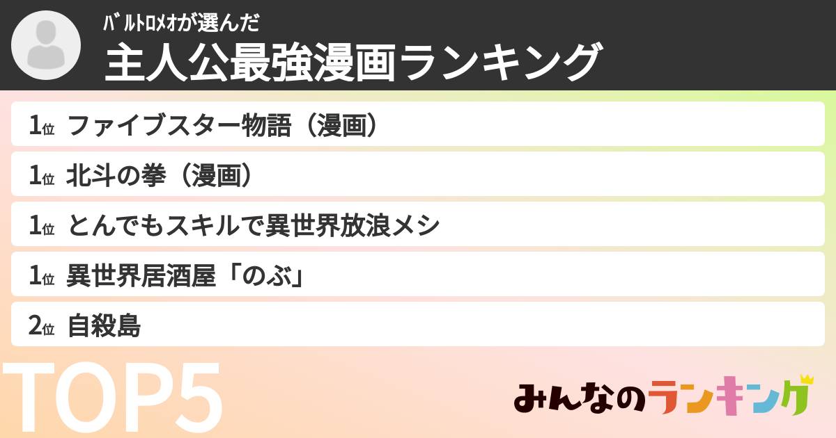ﾊﾞﾙﾄﾛﾒｵさんの「主人公最強漫画ランキング」
