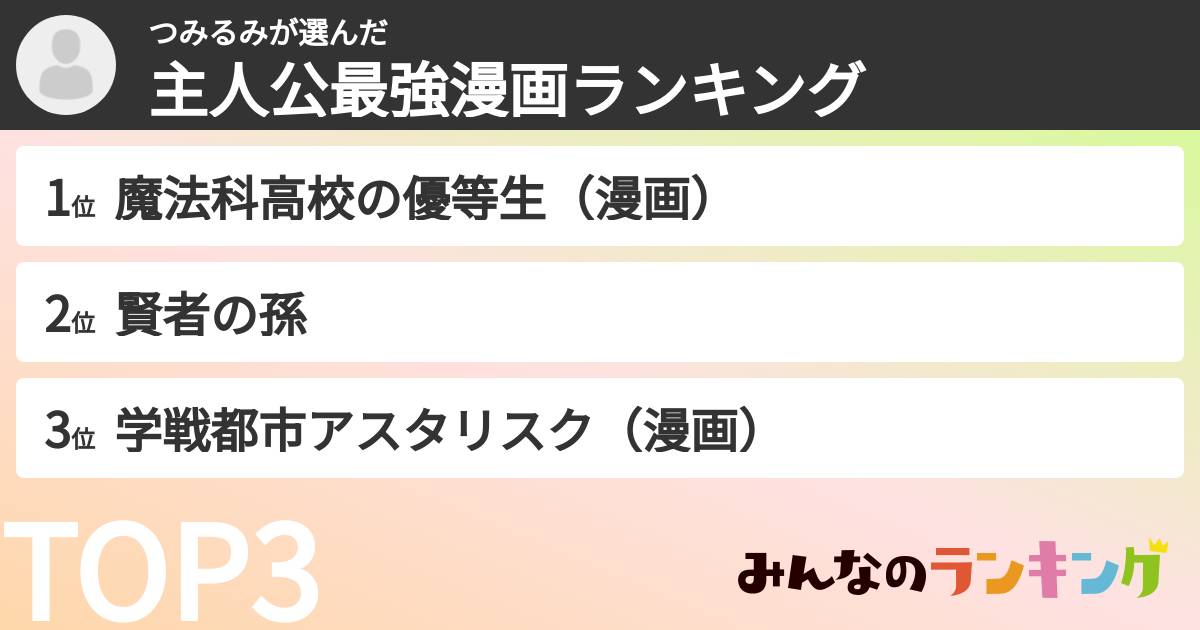 つみるみさんの「主人公最強漫画ランキング」