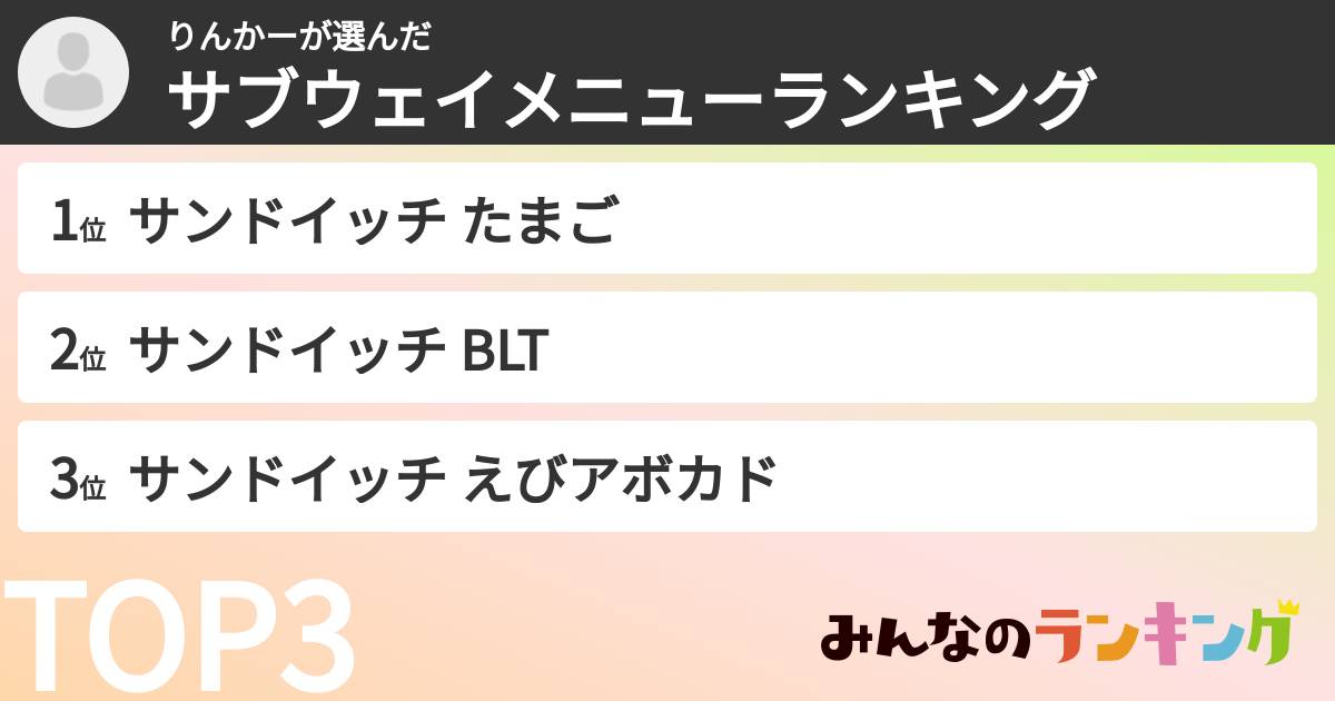 りんかーさんの「サブウェイメニューランキング」