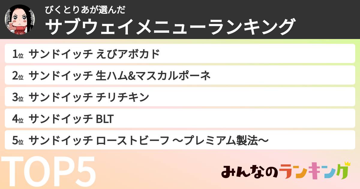 びくとりあさんの「サブウェイメニューランキング」